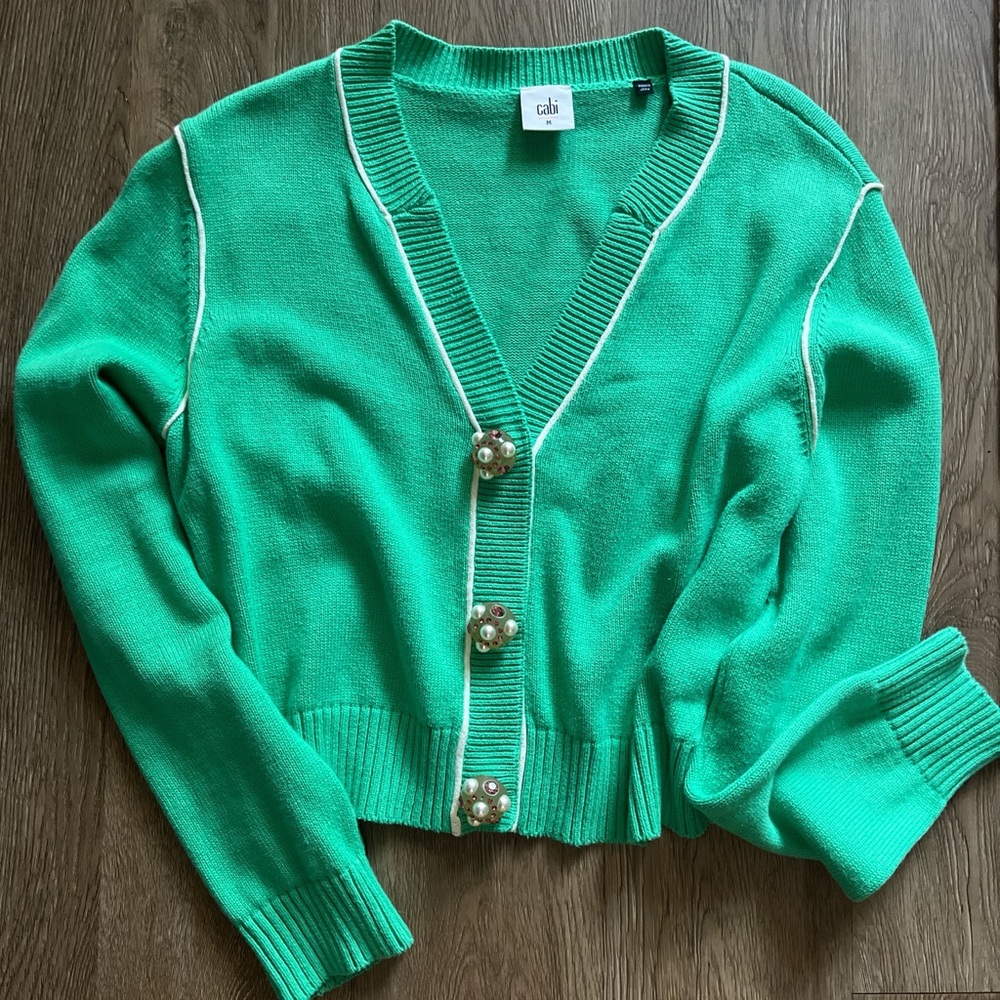 CAbi Vibrant Green Cardigan with Pearl Buttons